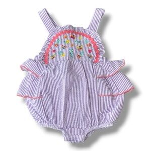 Good Lad Purple Seersucker Smocked Bubble Romper w/ floral embroidery & ruffles